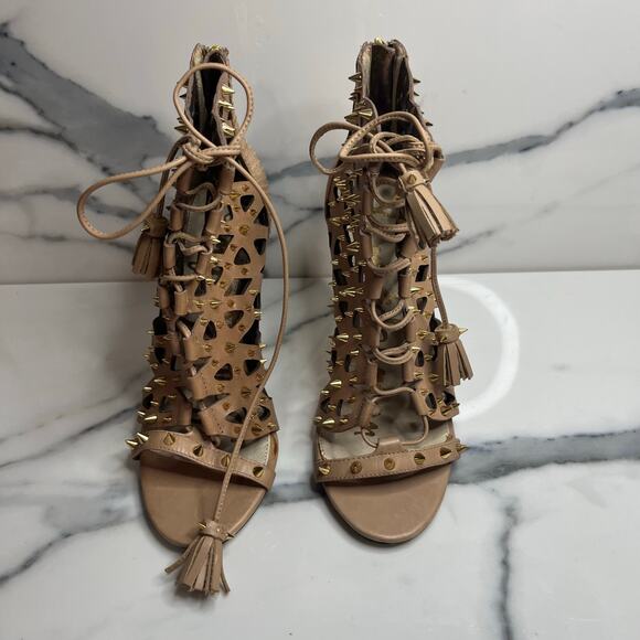 Sam Edelman | Women's Tan Leather Spikes Open Toe Allison Bootie Heels Sz 6.5 - Picture 2 of 7